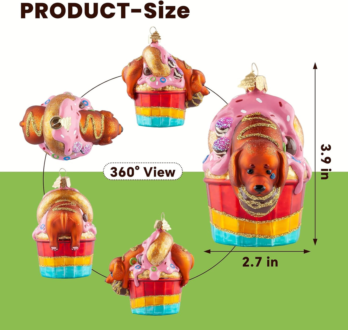 Dog Christmas Tree Ornaments,Hand-Blown Glass Ornaments,Cupcake Collection Figurine Hanging Ornaments,Dachshund Dog Christmas Ornament for Animal Lovers Party Holiday Home Decorations Gifts