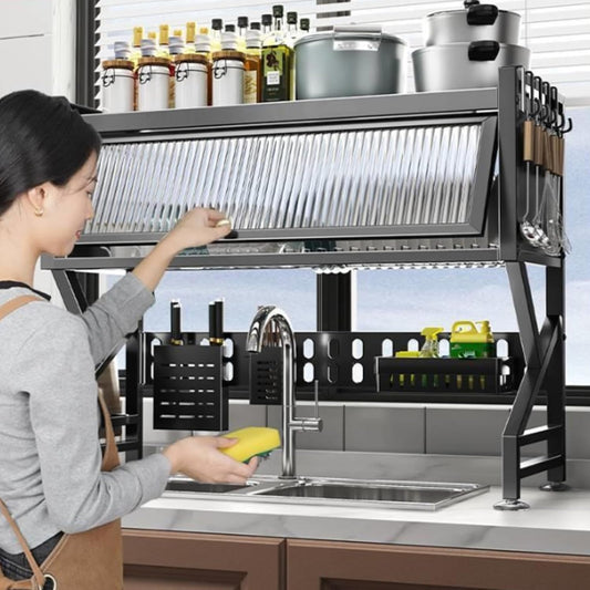 Kitchen sink rack dishwashing sink countertop dustproof cupboard storage multifunctional tableware storage drain rack double layer,KeepKitchen Sink Shlef Organized Space-Saving(Black,85cm/33.5in)