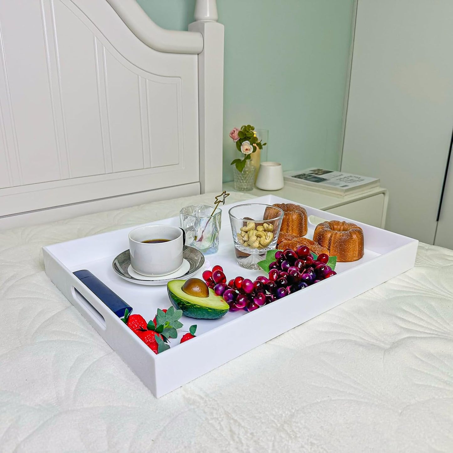 White Rectangular 14x20 Inches Acrylic Ottoman Tray Decorative Serving Tray with Cutout Handles Organizer Tray on Coffee Table Countertop Big Breakfast Bed Tray Living Room Appetizer Serving Food