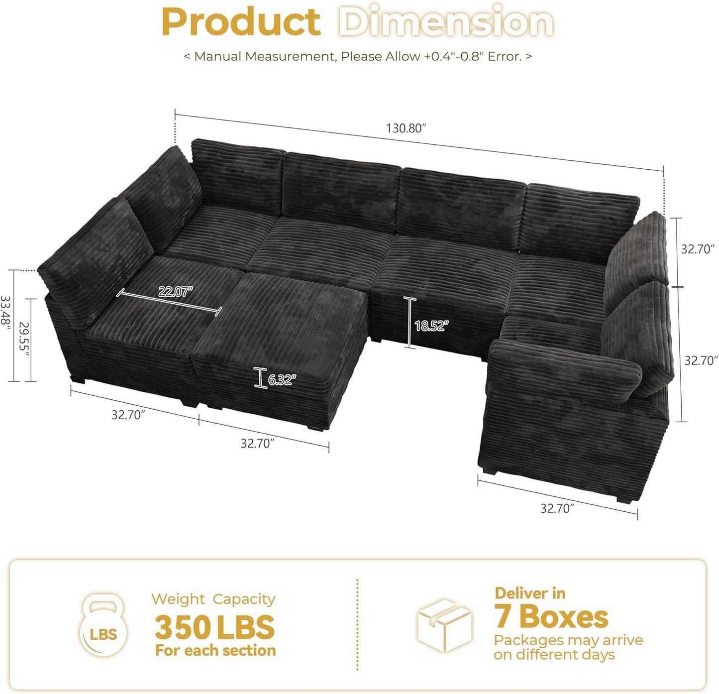 HOOOWOOO Modular Sectional Sofa,7 Pieces Sectional Couches for Living Room,131X66 U Shaped Cloud Couch with Ottoman Chaise Set(Black Velvet Corduroy)