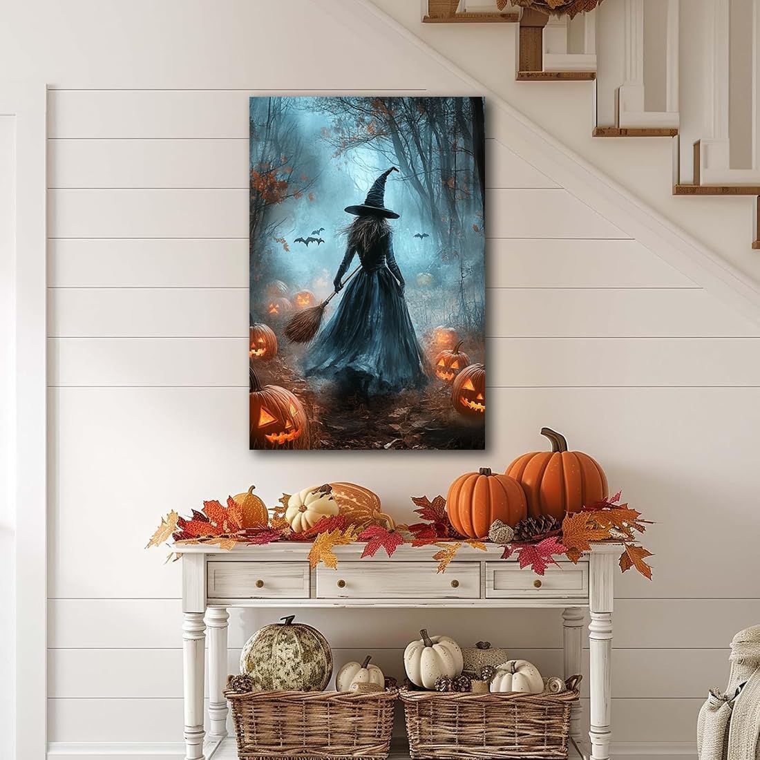 Vintage Moody Halloween Witch Artwork Wall Decor,Spooky Halloween Gothic Canvas Artwork Creepy Horror Witch with A Broom Pumpkin Bats Rustic Forest Picture,Dark Academia Poster,8"x12" Framed