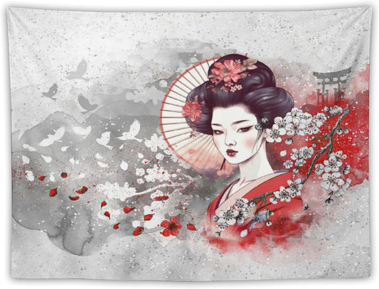 Japanese Geisha Tapestry Asian Red Cherry Blossom Traditional Kimono Folk Tapestries Home Decor for Living Room Bedroom Apartment Farmhouse Dorm 90"x60"