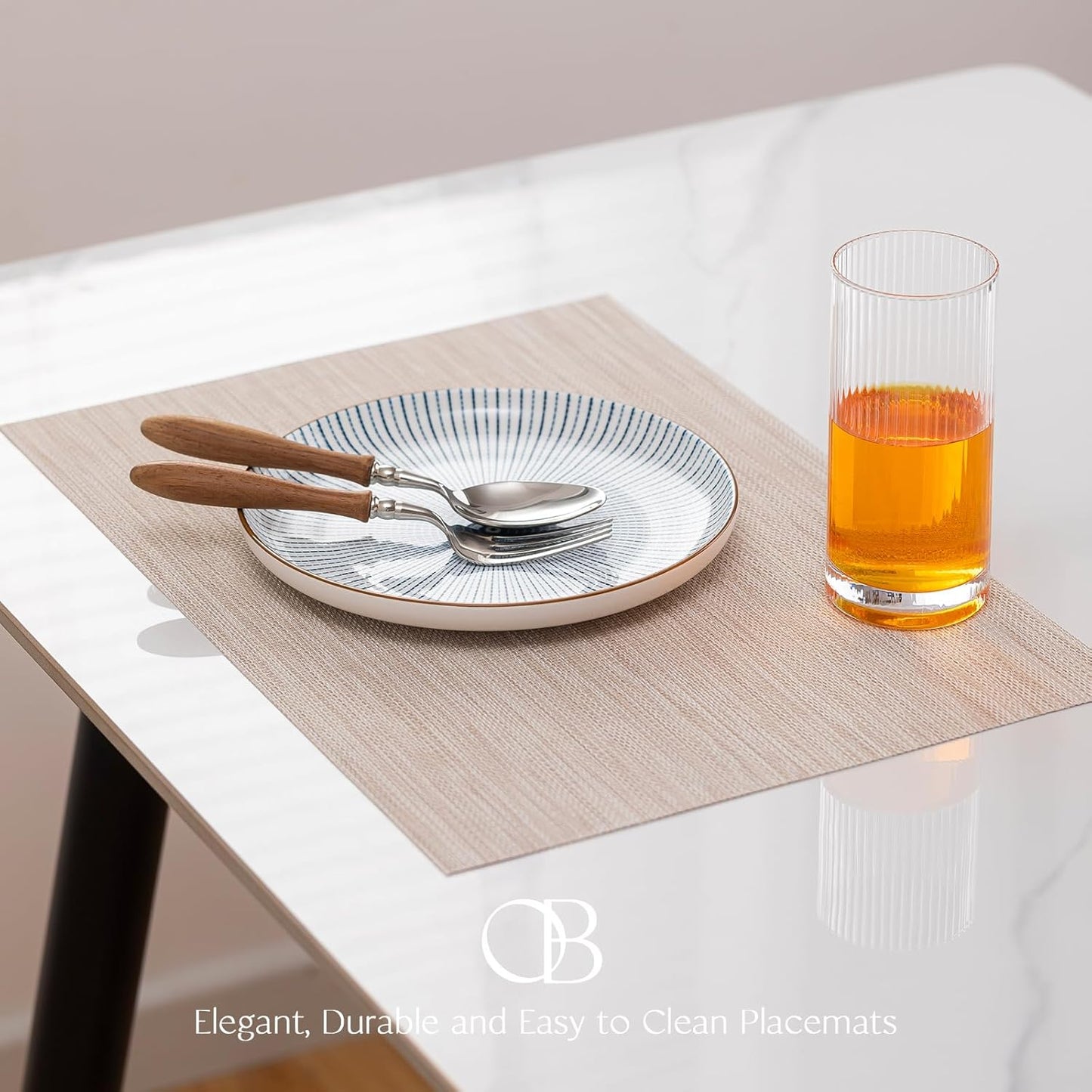 Placemats Set of 12 - Easy Clean Woven Vinyl Placemats for Dining Table, Indoor/Outdoor Place Mats, Washable PVC Table Mats（Beige）