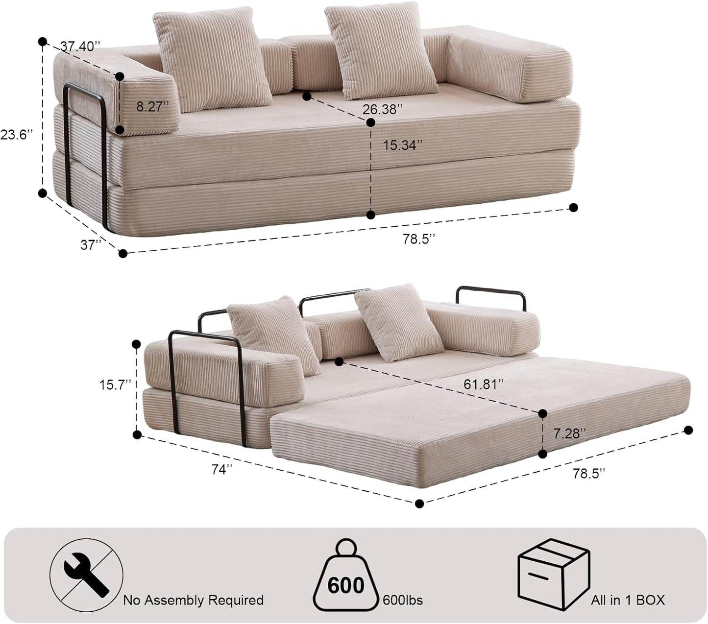 Convertible Sleeper Sofa Bed, Compression Folding Sofa with Pillow, No Assembly Required, Shape Frame, Floor Sofas Lounge Couch for Living Room, Bedroom, Small Spaces(Corduroy, 77''W, Off-white)