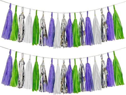 Tissue Paper Tassel Garland Banner, Purple Green Silver White, 20 PCS, Party Decorations for Birthday, Cartoon Themed Baby Shower,Sprot Game,Graduation