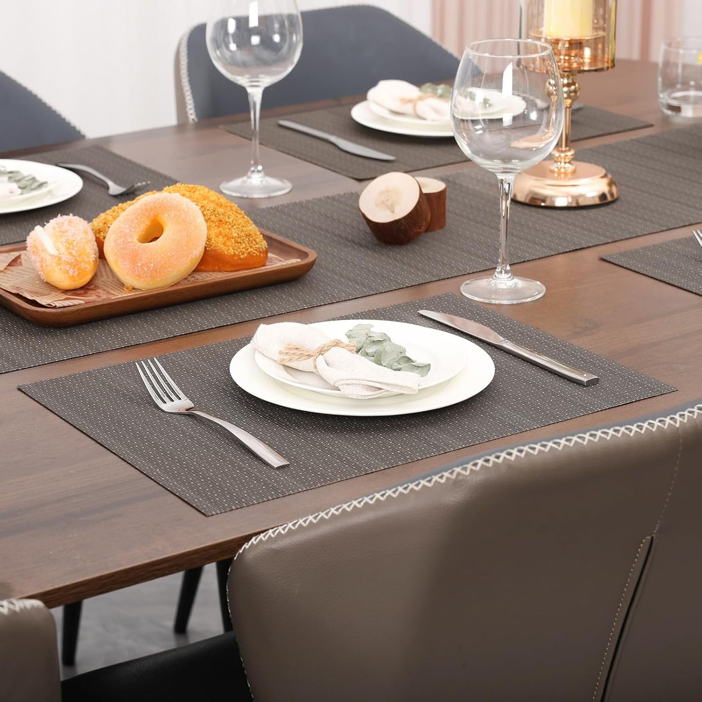 Myir JUN Placemats Set of 4, Vinyl Woven Placemats Place Mats Indoor Set of 4 Washable Table Mats Non-Slip Place mats for Dining Table (Dark Gray, Set of 4)