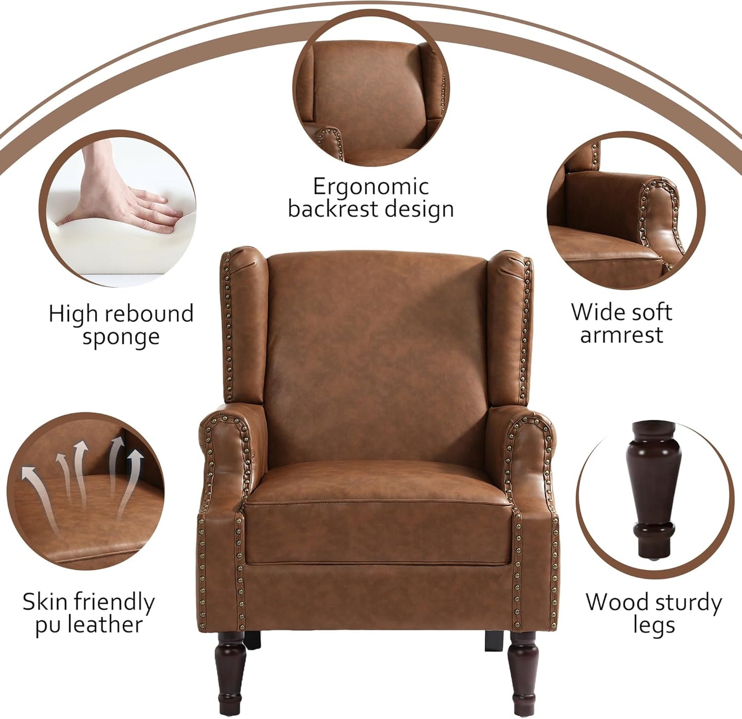 Accent Chairs, Faux Leather High Back Armchair setof 2 or Living Room, Comfy Upholstered Single Sofa Reading Chairs with Solid Wood Legs for Office, Bedroom, Waiting Room-Leather Brown