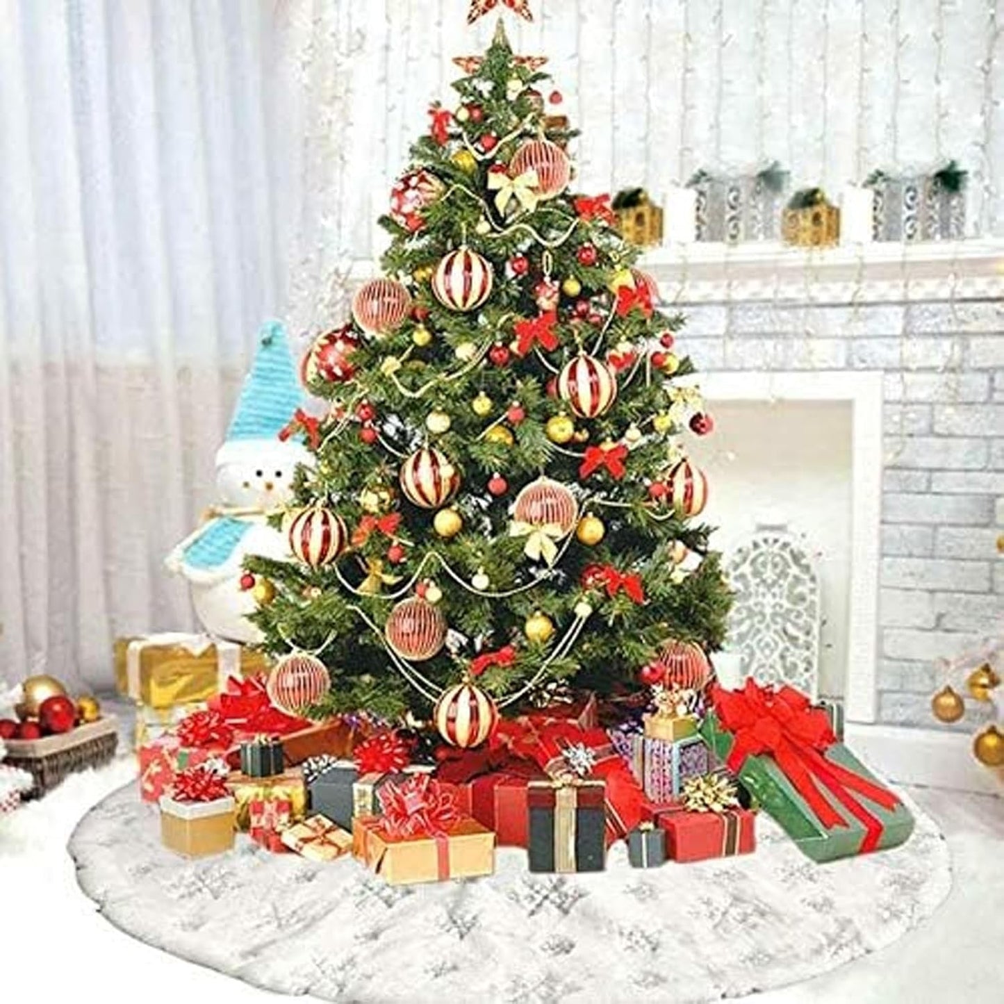 36inch White Christmas Tree Skirt Tree Carpet Blanket, Soft 3ft Xmas Christmas Tree Blanket with Silver Snowflake White Faux Fur Carpet for Christmas Holidays Decoration Party