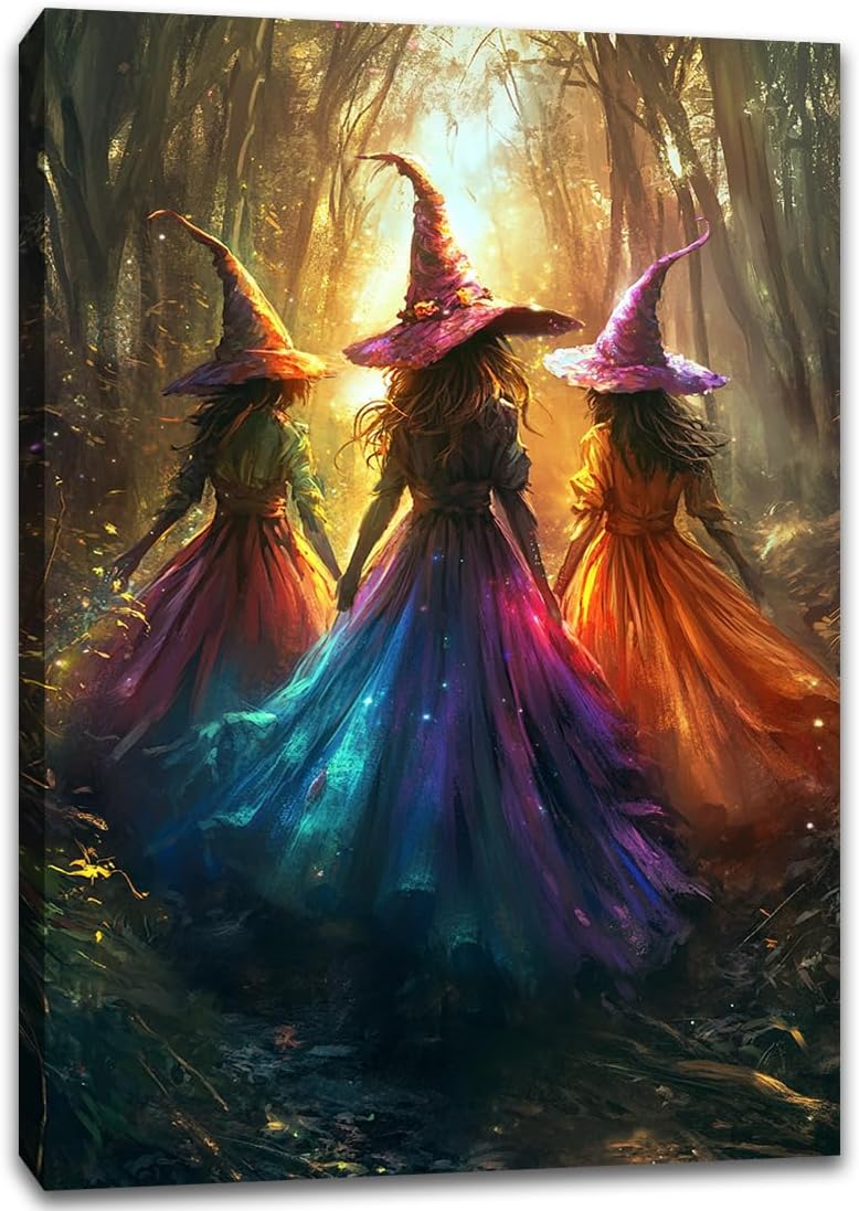 Halloween Room Decor Wall Art Colorful Witch Prints,Vintage Three Colorful Witches in Forest Halloween Posters,Fall Fantasy Aesthetic Pictures Playful Art Wall Decor for Bedroom,16"x24" Framed