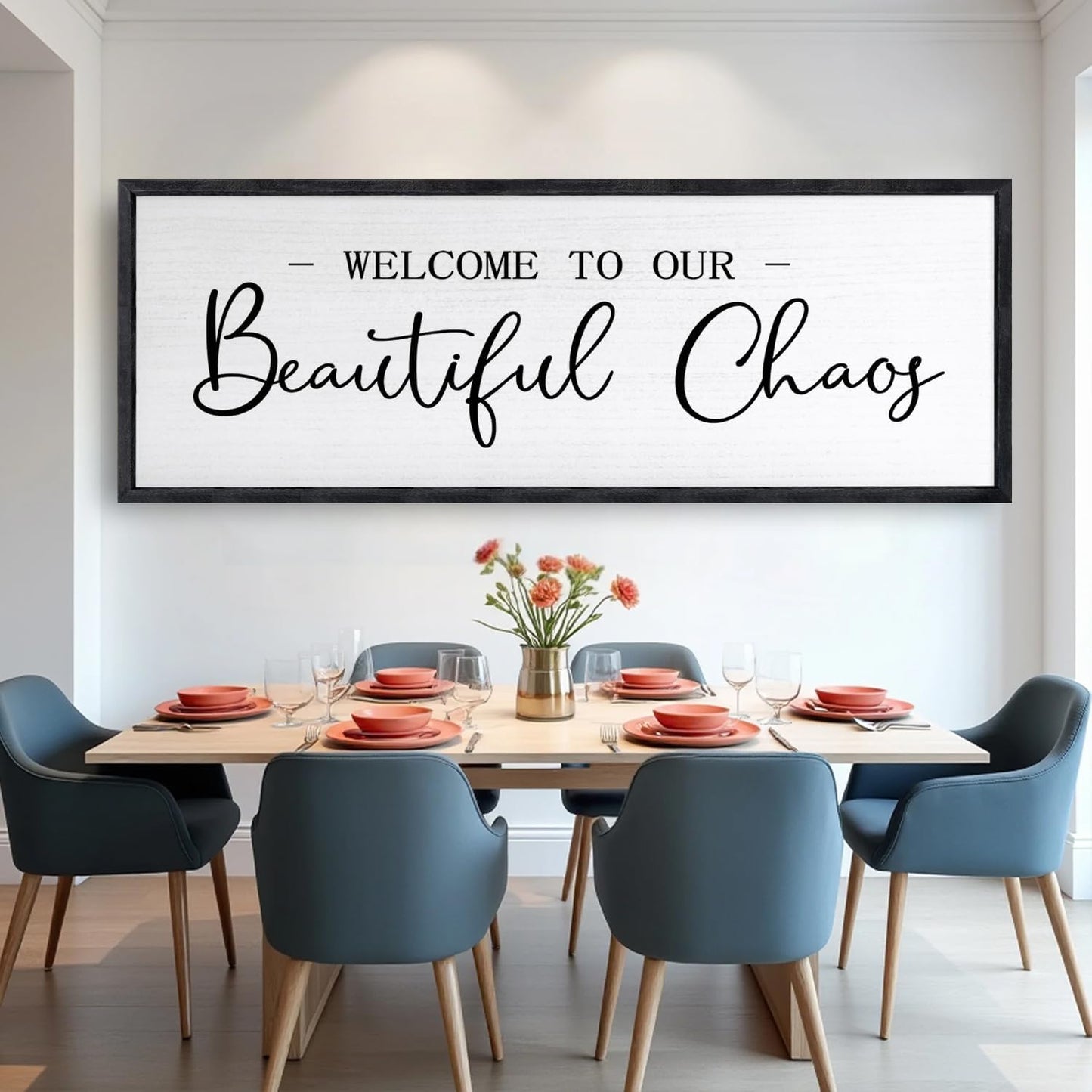 Welcome To Our Beautiful Chaos Sign Wall Decor Framed Wood 32X12 Inch For Rustic Home Living Room Entryway Bedroom Hanging Art (Black)