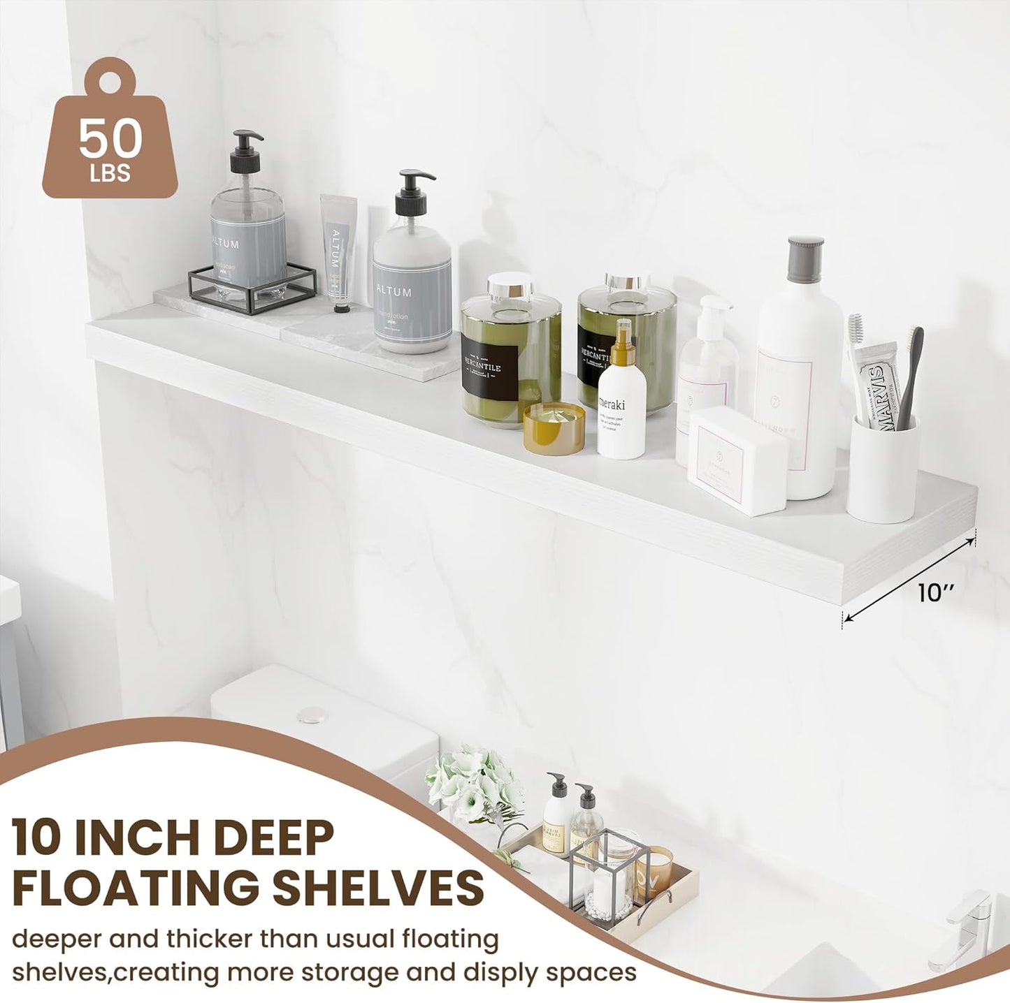 Fun Memories 10 Inch Deep Shelves, Floating Shelves for Wall 48 Inches Long, Wood Floating Shelves for Wall, Large Storage Shelves Wall Mount for Living Room Bedroom, White, Set of 1