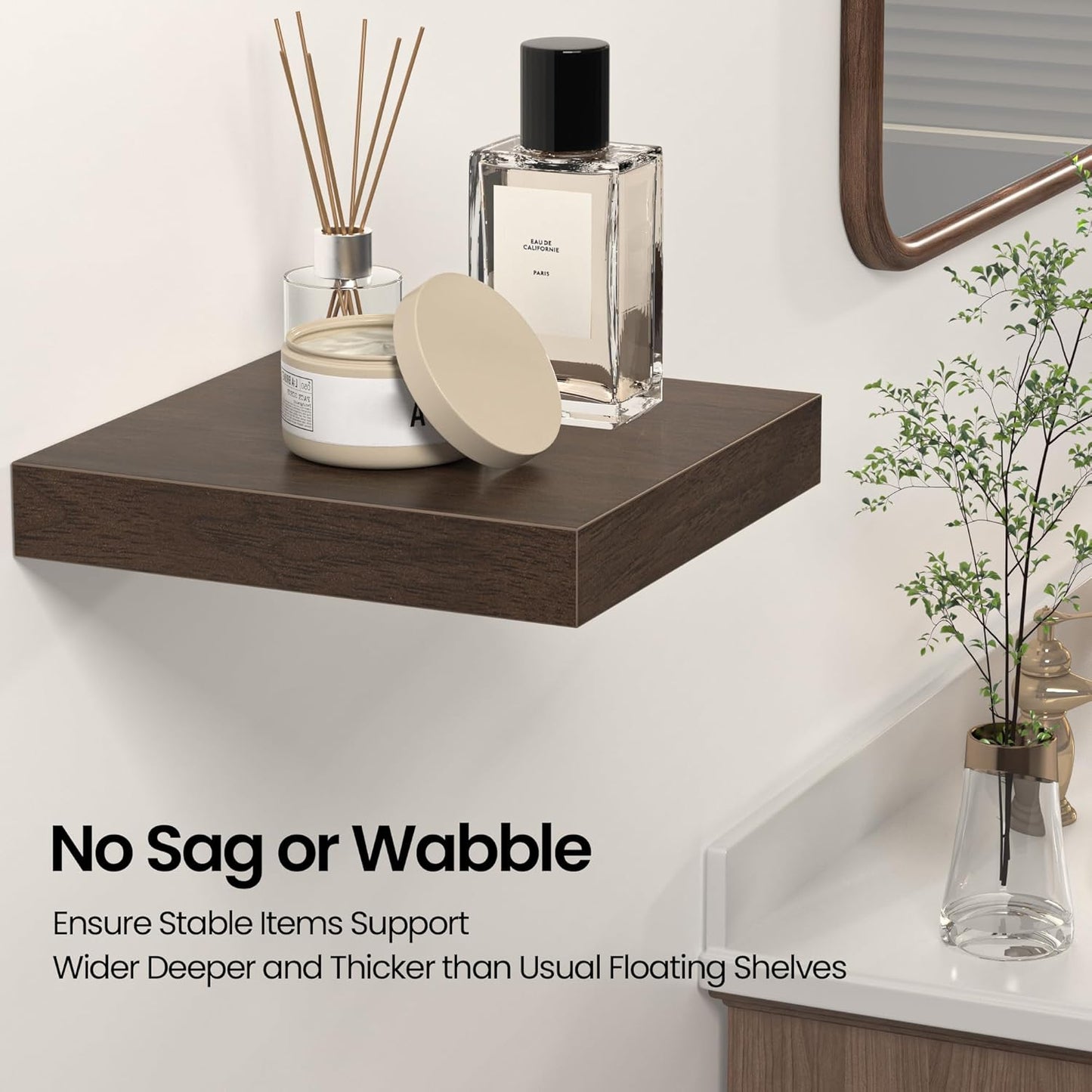 Square Floating Shelves for Wall, 8" W x 8" D x 1.2" H, Small Wooden Wall Mounted Display Shelves with Invisible Brackets for Living Room, Bedroom, Bathroom, Kitchen Decor, Set of 4, Walnut