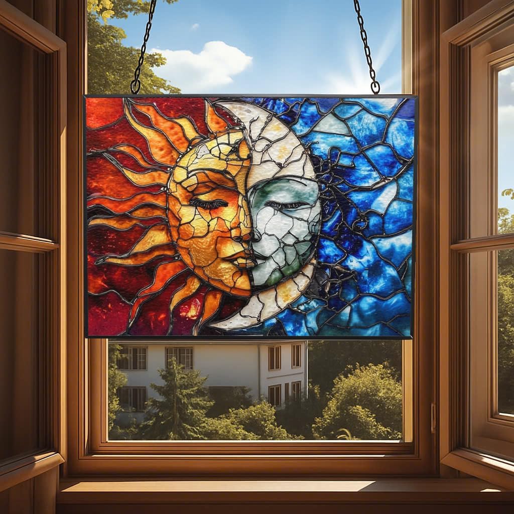 Rectangle Sun and Moon Suncatchers for Windows, Stained Glass Window Hangings,Hand-Painted Glass Panel Perfect for Home Décor