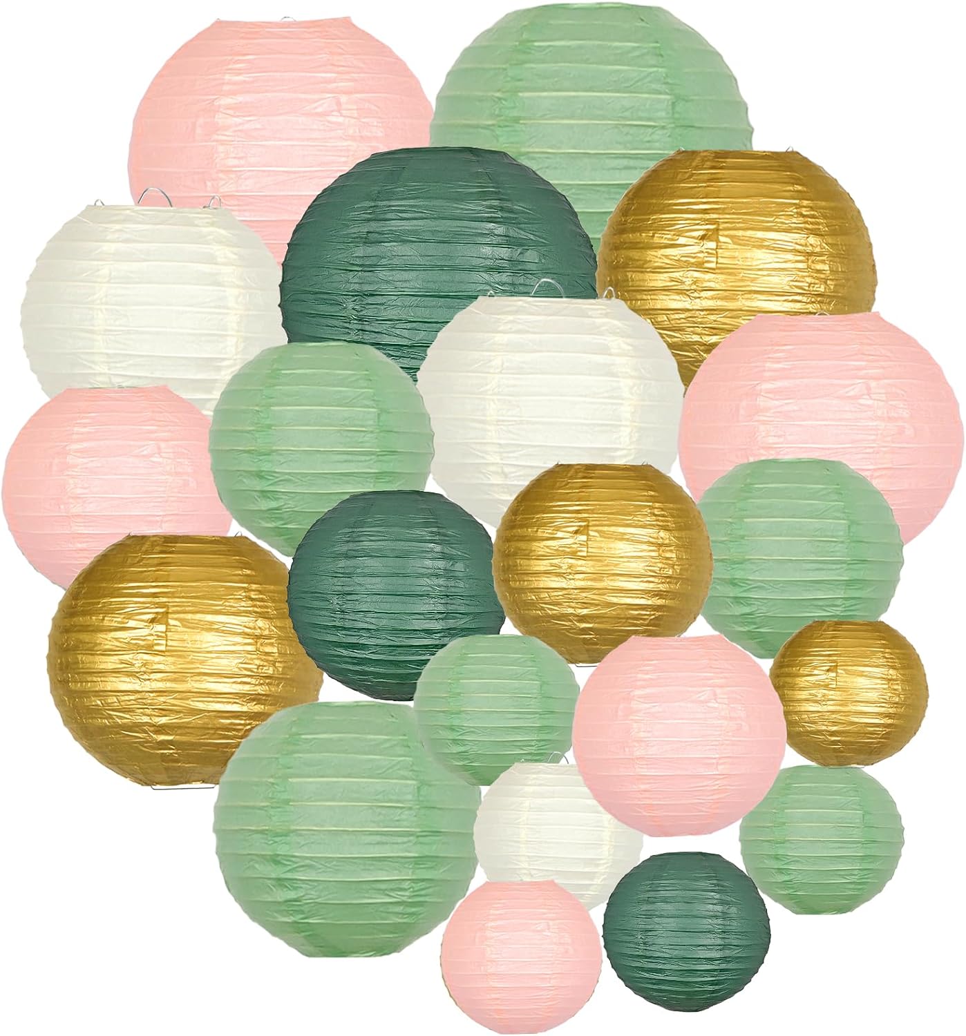 ADLKGG Paper Lanterns Decorative, Round Hanging Paper Lanterns Decorations for Graduation Bridal Shower Wedding Birthday Neutral Baby Shower Decorations Home Decor Sage Green/Pink/Gold 21pcs