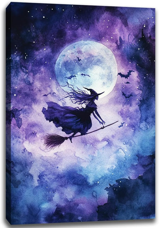 Witch On Broom Flying Wall Art,Gothic Halloween Canvas Wall Art,Victorian Witch Silhouette In Moonlight Broomstick Poster Pictures,Creepy Halloween Purple Night Sky Print,24"x36" Framed