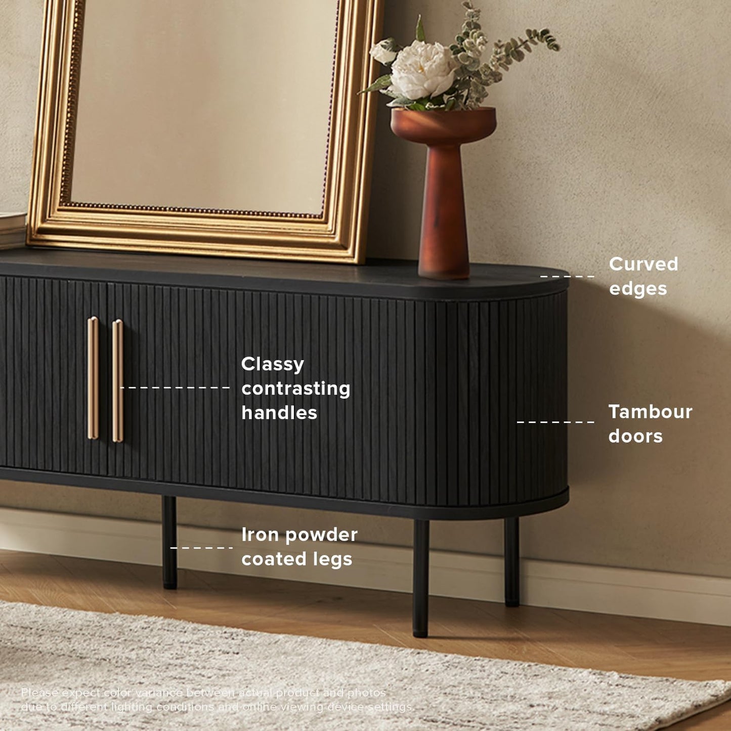 mopio Quin TV Stand, Mid Century Modern for 55/60/65 inch TV, Farmhouse TV Stand, Entertainment Center with Storage, TV and Media Console for Living Room (Black, 59" Tambour)