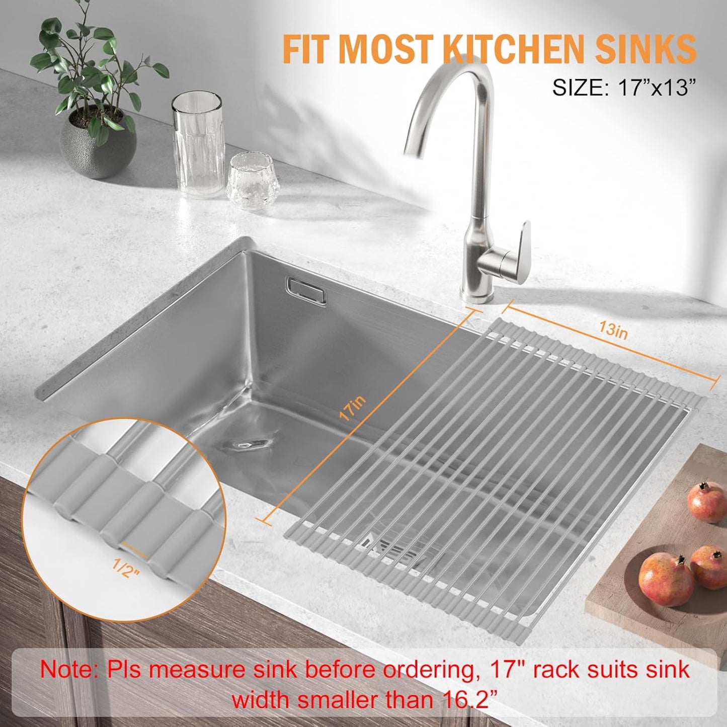 LEMIKKLE Roll Up Dish Drying Rack 17" x 13", Over The Sink Dish Drainer Rack, Foldable Sink Drying Rack, Anti-Slip Silicone Wrapped Dish Drainer for Kitchen Counter (Grey 17" x 13")