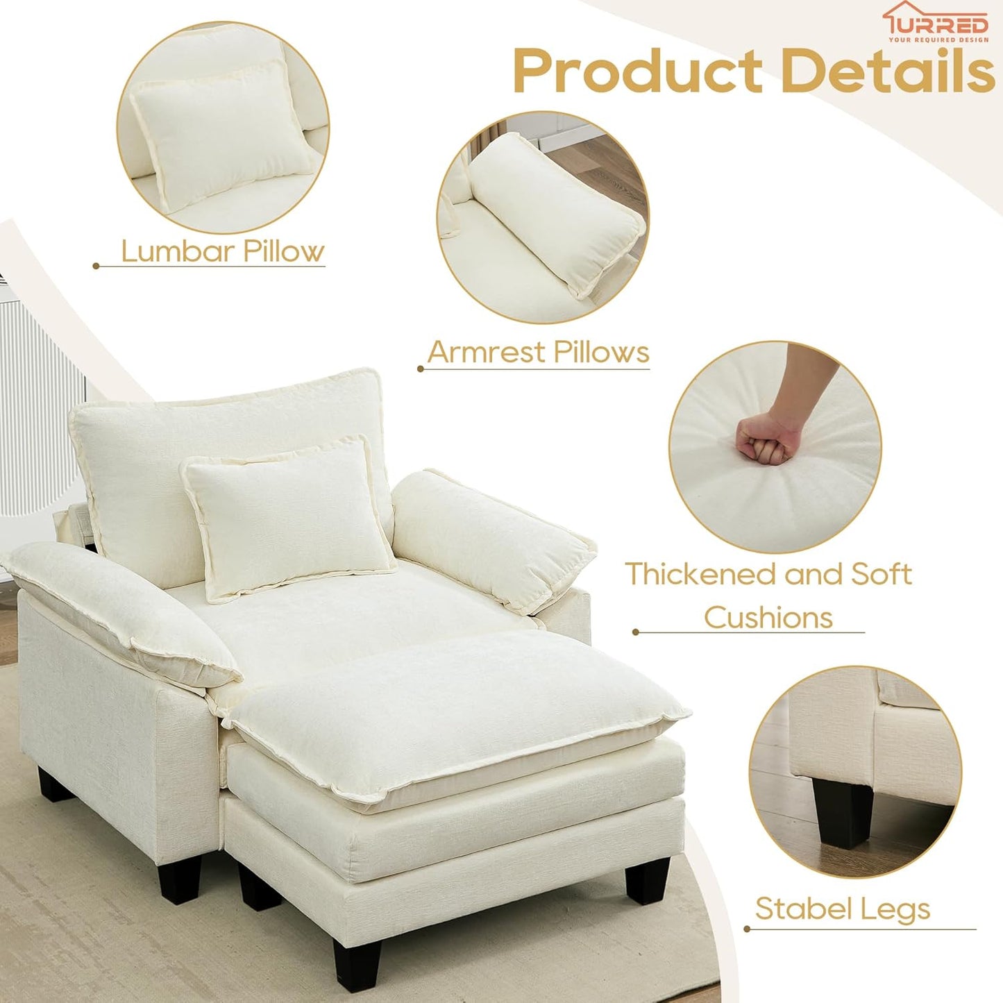 URRED Modular Sectional Sofa Comfy Cloud Couch, Modern Chenille Sofa Sleeper Deep Seat Couches with Ottoman/Pillows for Living Room (White, 53''- Ottoman)