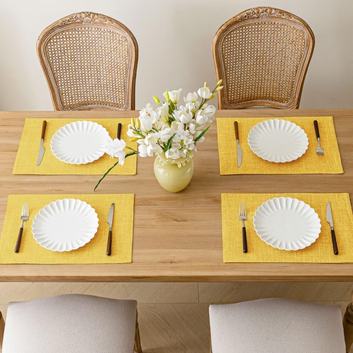 Placemats Set of 6, Bilayer Thickened Linen Place Mats Heat Resistant Machine Washable Wrinkle Free Carefully Selected Polyester Mats for Kitchen/Dining/Coffee Table (Yellow)