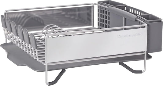 KitchenAid Compact Space Saving, Dish Rack with Removable Flatware Caddy and Angled Self Draining Drainboard, Satin Gray, 15-Inch-by-13.25-Inch