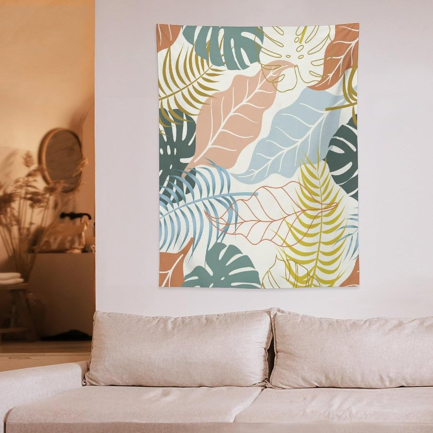 ICMOLYYENLO Boho Green Leaves Tapestry, Mid Century Abstract Tropical Palm Leaves Modern Minimalist Geometric Wall Hanging, Neutral Home Decor Art for Living Room Bedroom Dorm 40x60 Inch