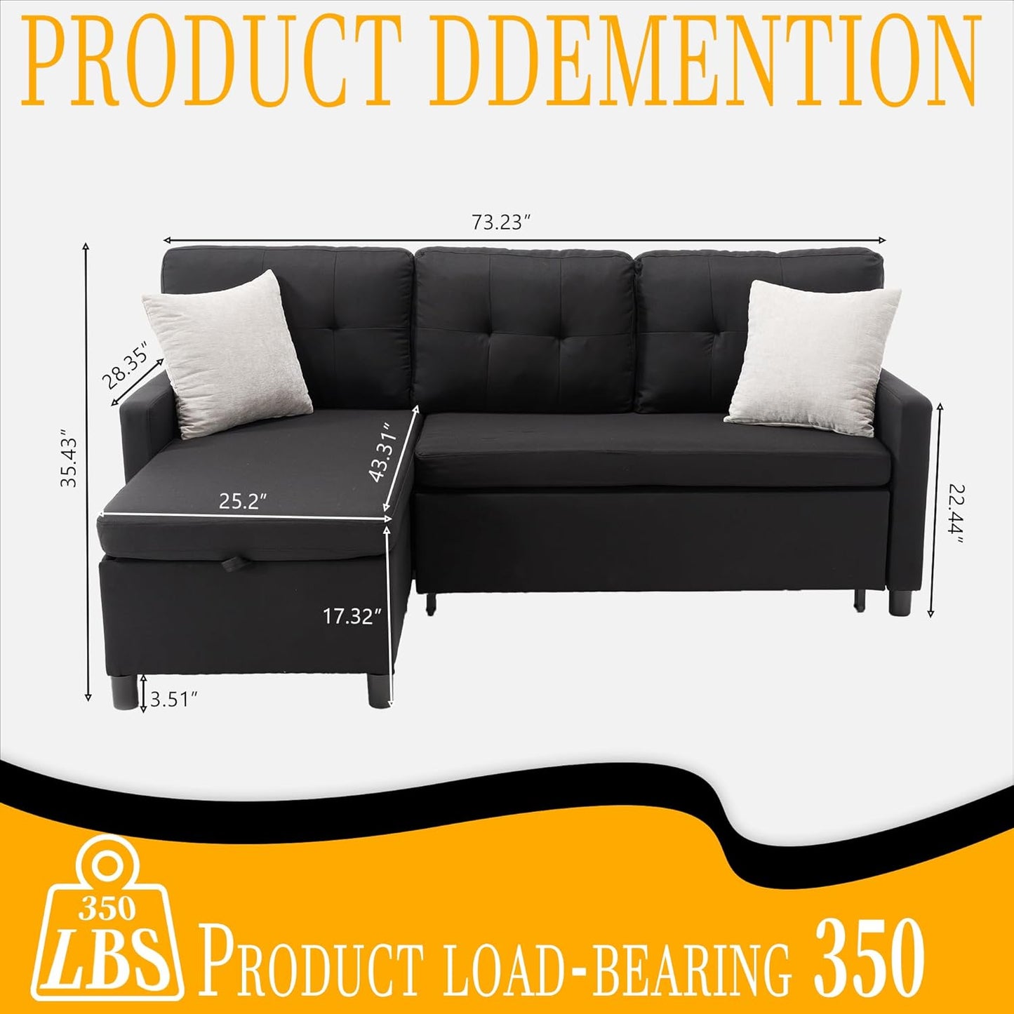 Pull Out Couch, Oversized Sleeper Sofa Couch, Sectional Sleeper Sofa Bed for Living Room Bedroom Lounge (Black, 73 Inch)