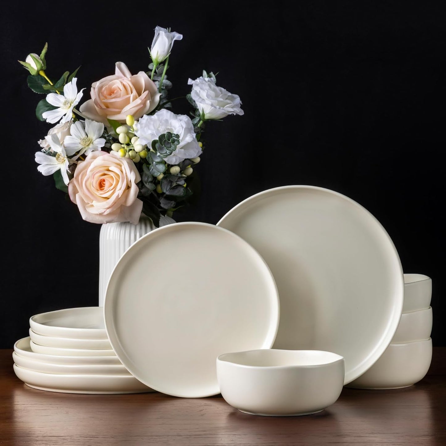 AmorArc Stoneware Dinnerware Sets, Wavy Rim Ceramic Plates and Bowls Sets, Highly Chip and Crack Resistant | Dishwasher & Microwave & Oven Safe Dishes set, Service for 4 (12pc)