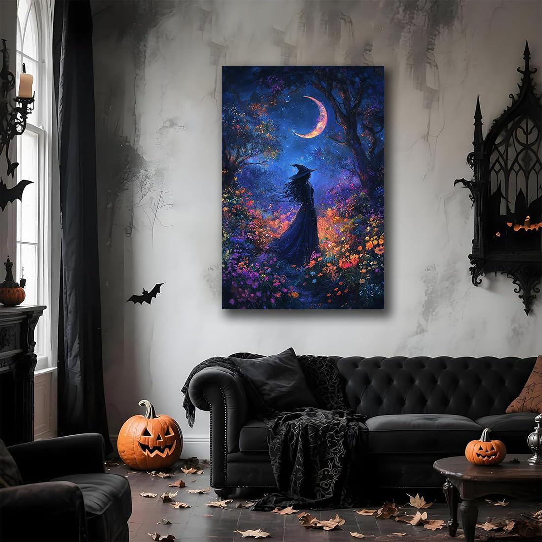 Vintage Halloween Witch Decor Mystic Gothic Wall Art Poster,Enchanting Witch Fall Whimsical Wildflowers Woodland Forest Crescent Moon Picture Art,Creepy Witchy Home Decor,24"x36" Framed