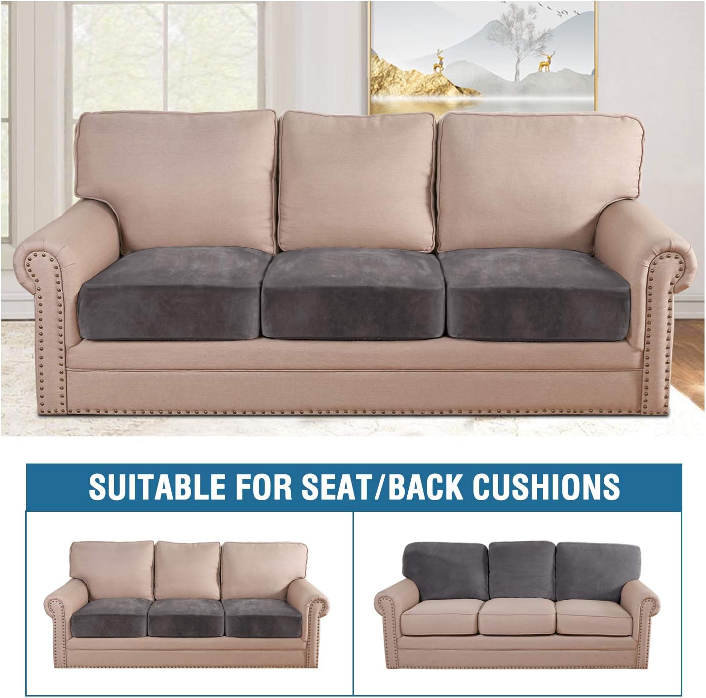 H.VERSAILTEX Velvet Stretch Couch Cushion Cover Plush Cushion Slipcover for Chair Loveseat Sofa Cushion Furniture Protector Seat Cushion Sofa Cover (3 Piece XL Sofa Cushion Covers, Grey)