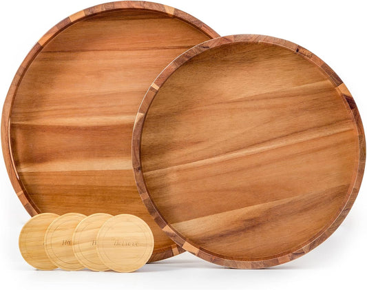 Round Wood Serving Trays Set of 2, Ottoman Tray Rustic Acacia Wooden Trays with Handles, Nesting Circle Tray with 4 Coasters for Coffee Table Living Room Bathroom Bedroom Party