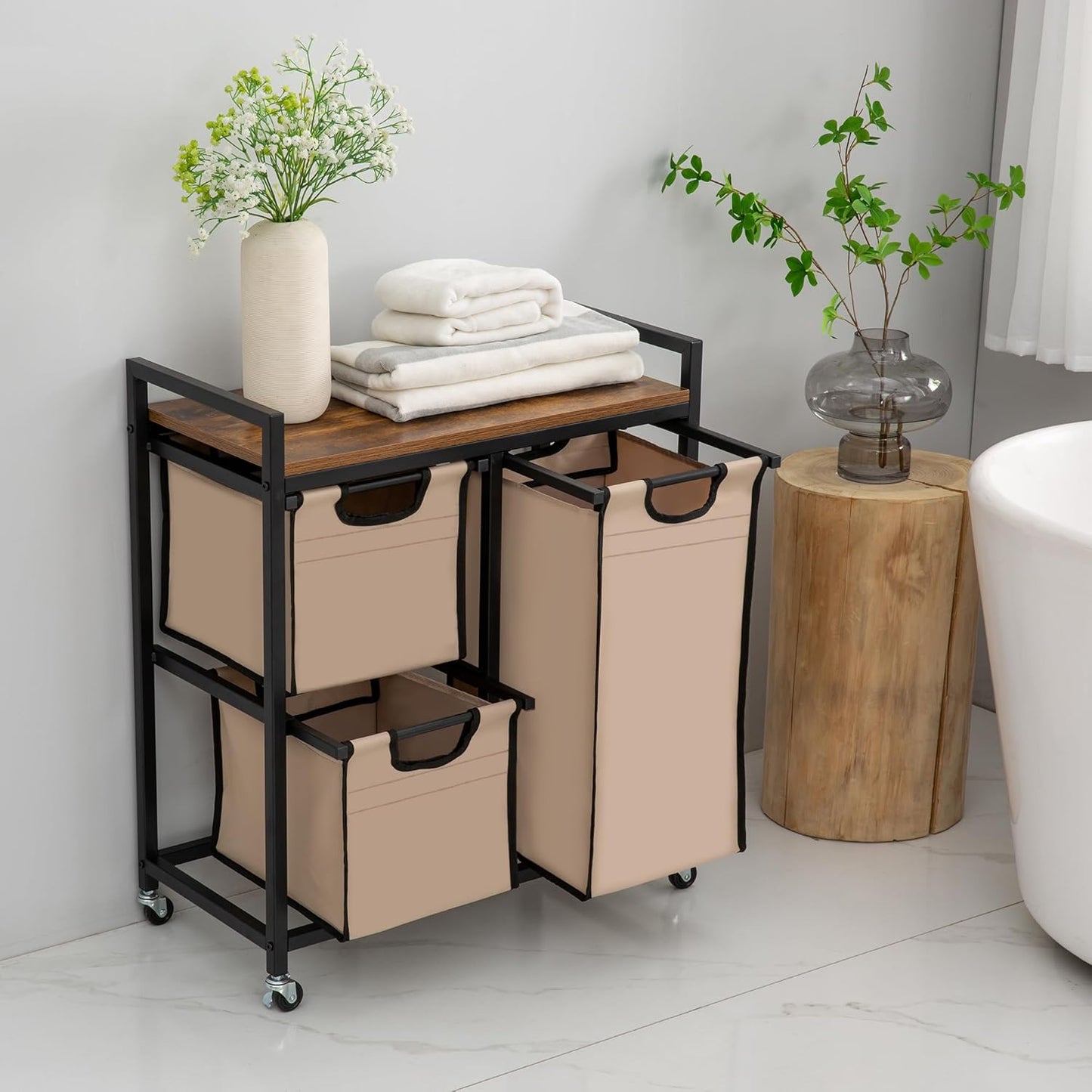 Laundry Basket Organizer - Hampers with 3 Compartments, Sliding Laundry Sorter Bags, Top Storage Shelf, Metal Frame