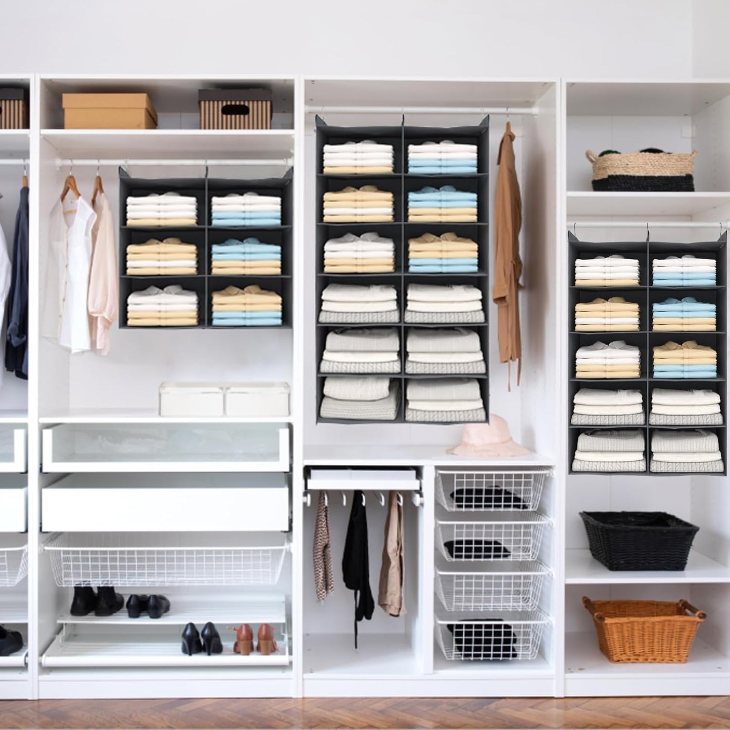 Dual-Row 6 Tier Shelf Hanging Closet Organizer and Storage, 12 Pockets Clothes Storage Shelves with 3 Sturdy Hooks for Clothing Organization, Dorm Room Essentials for Girls, Foldable, Grey
