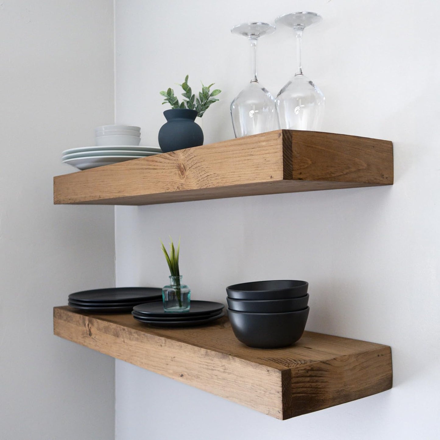 Modern Floating Shelves 3 Inches Thick for Wall, Wide Shelves for Kitchen, Living Room, Bedroom, and Bathroom, Natural Pine Wood, Rustic Wooden Shelf, (Set of 2) (Aged Oak, 24Lx3Hx8D)