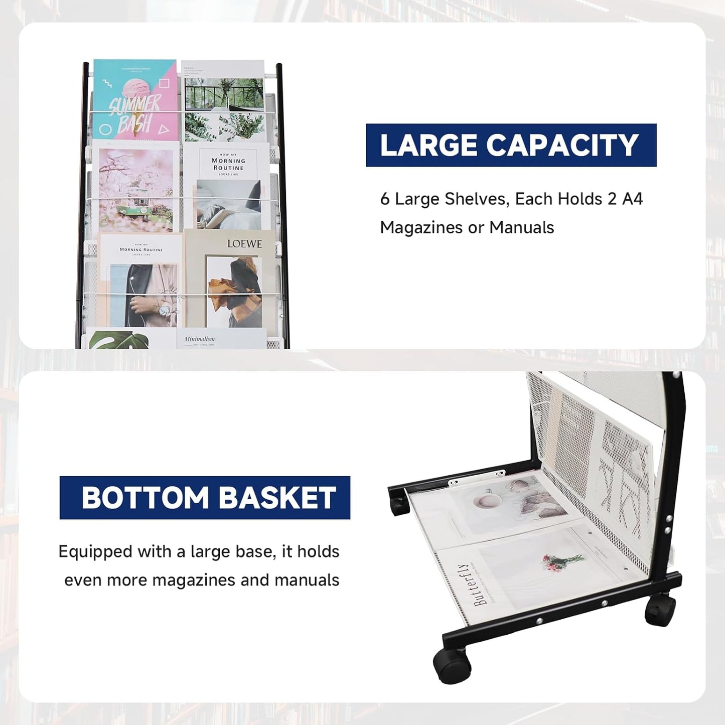 6-Tier Floor-Standing Magazine Rack with Wheels – Perfect Brochure Display Stand for Exhibitions, Offices, and Information Hubs