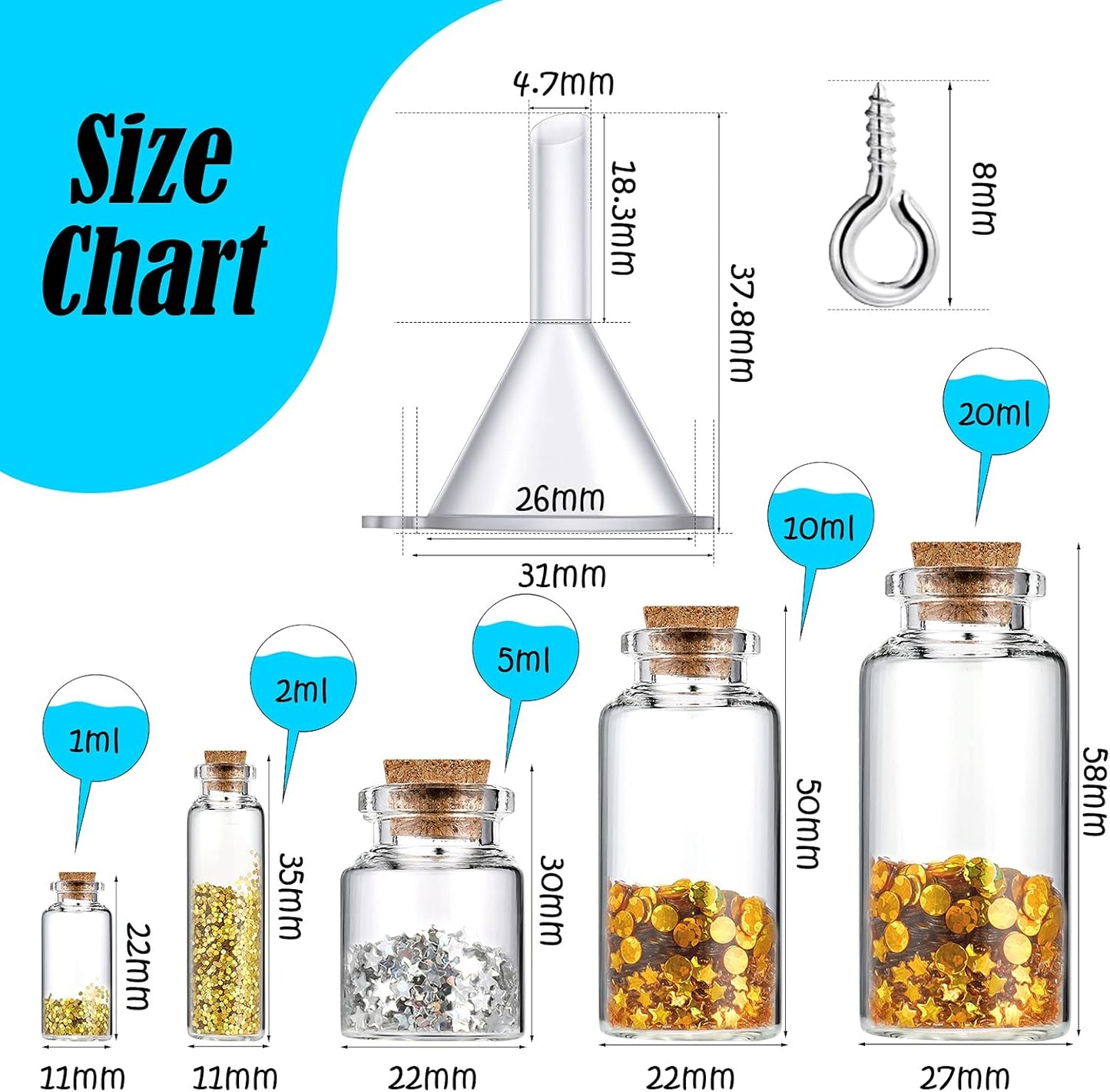 Geiserailie 45 Pcs Mini Glass Bottles with Cork Stoppers Spell Jar Clear Wishing Jars with 50 Eye Screws 3 Funnels for Wedding Party Favors DIY Art Crafts Decoration, 5 Sizes