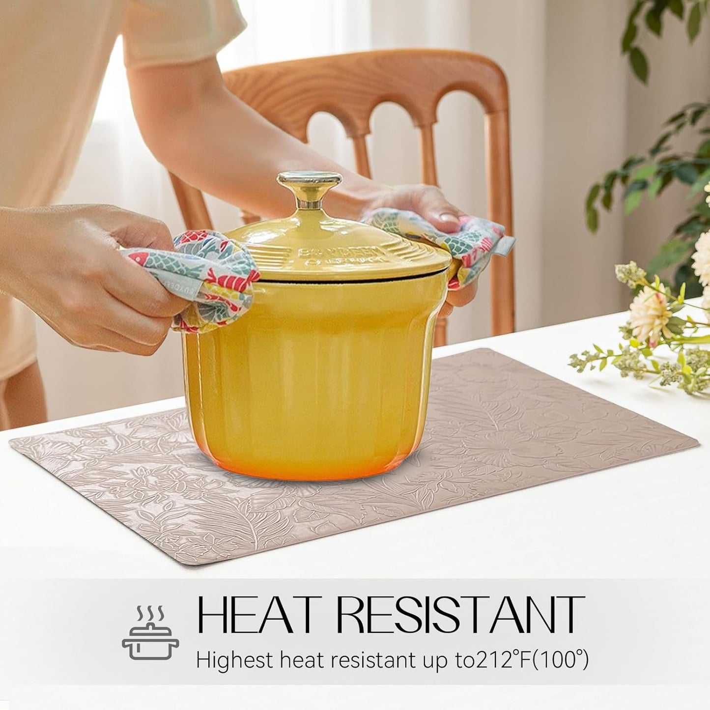 Romanstile Vinyl Placemats Set of 8-12 X 18 Inch - Heat Resistant Non-Slip Embossed Floral Place Mats 100% Waterproof Oilproof Wipeable Faux Leather Table Mats for Kitchen/Dining/Party, Khaki