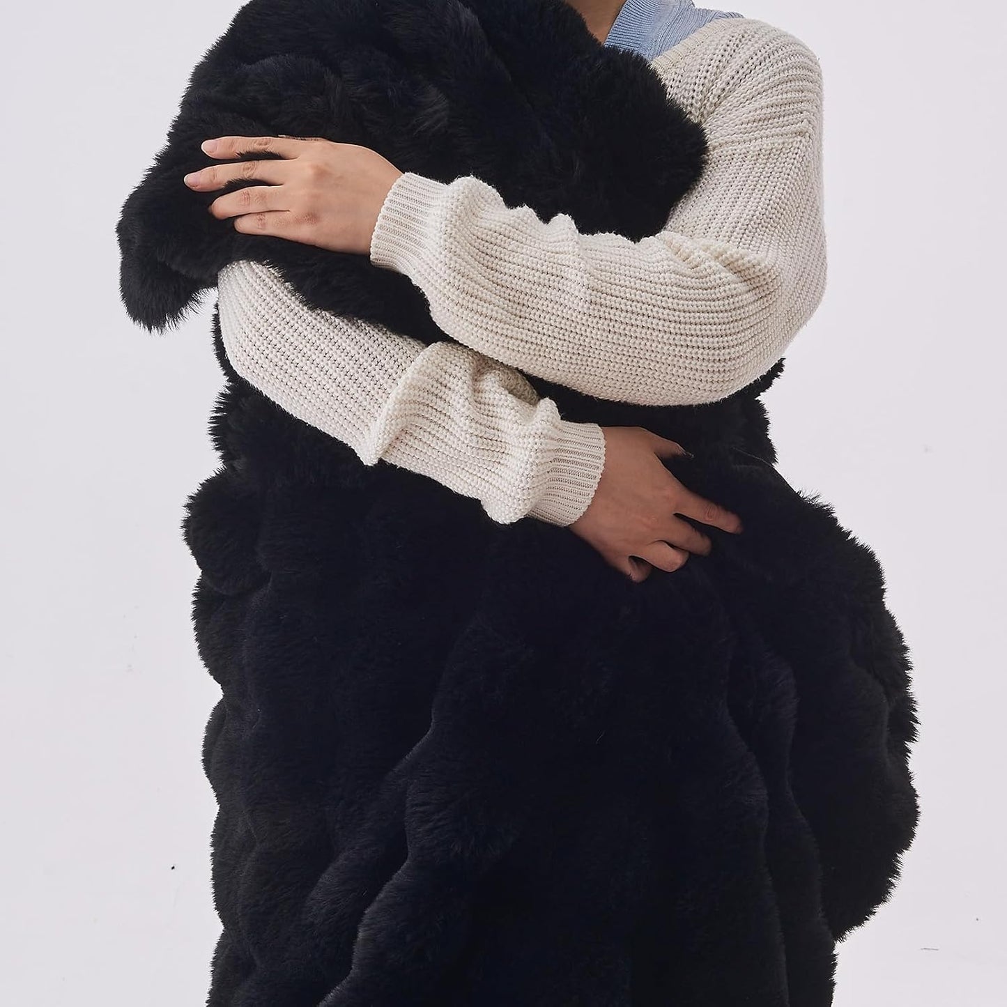 Lotus Karen Faux Fur Blanket - Black Twin Size, Big Bubble Rabbit Fluff, 60x80 Inches