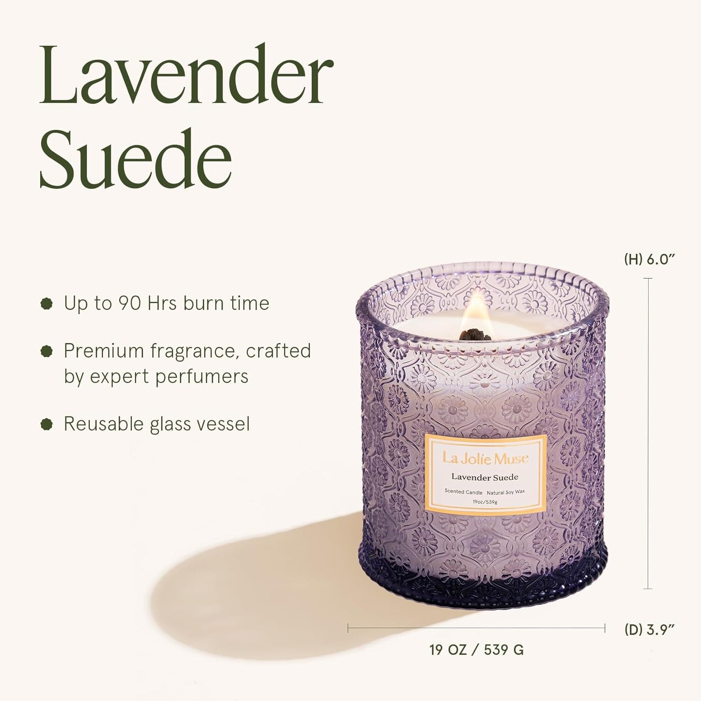 LA JOLIE MUSE Lavender Suede Candle – Eucalyptus, Lavender & Sandalwood 19 oz Large Wooden Wick Candle | Natural Soy Wax | 90 Hours Clean Burn | Aromatherapy Candle for Relaxation
