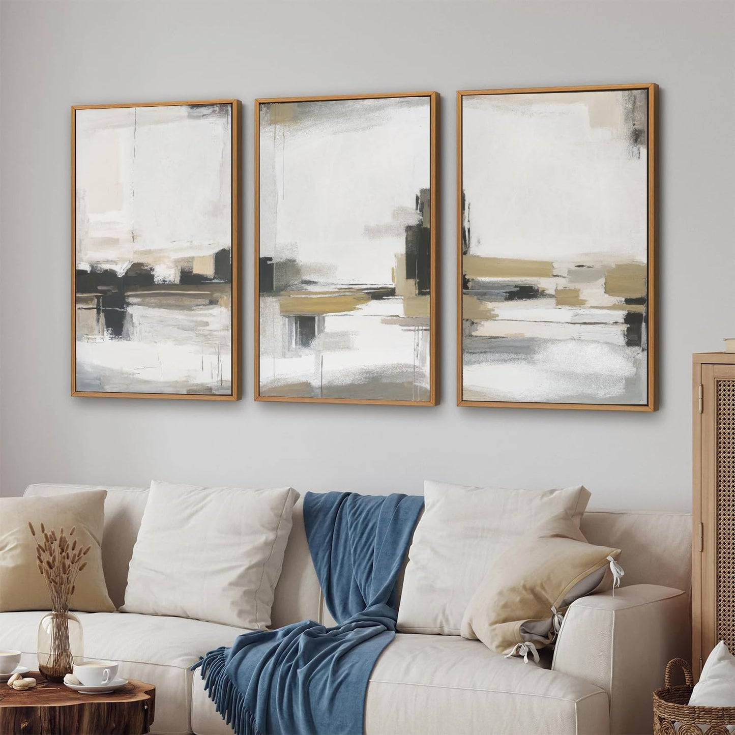 SIGNINART Beige Abstract Framed Canvas Wall Art Set, Black and White Textured Art Prints, Paint Strokes Minimalist Shapes Wall Decor, Neutral Modern Art Paintings for Living Room, Bedroom, Office 16"x24"x3