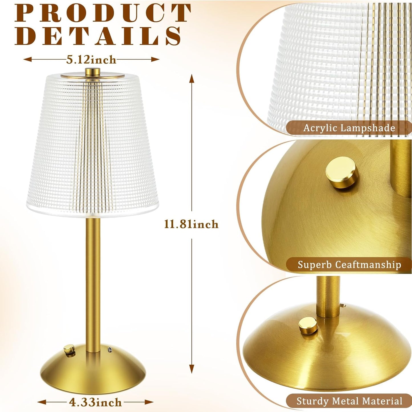 Liliful 2 Pcs LED Portable Cordless Table Lamp Touch Battery Operated Rechargeable Desk Lamp 3 Color Dimmable for Bedroom Living Room Dining (Retro Style,Gold)