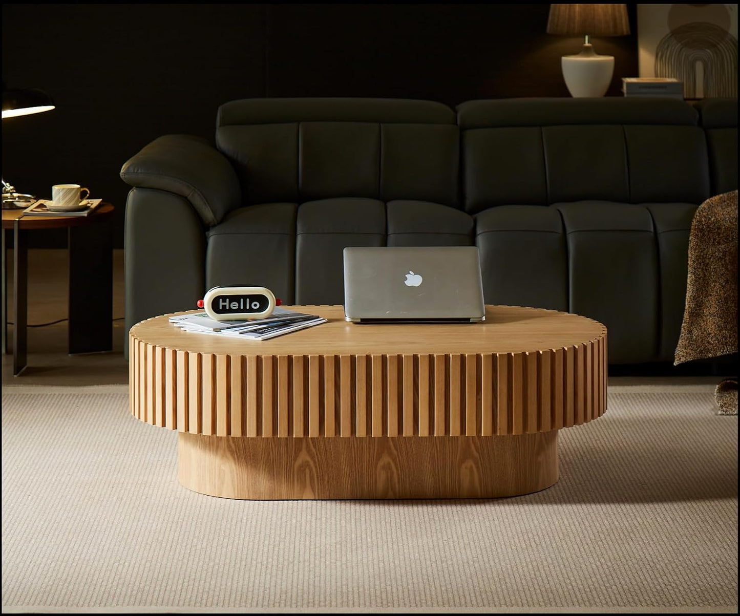43.7" Oval Coffee Table for Living Room,Modern Handcraft Drum Coffee TableSmall Wooden Coffee Table with Sturdy Pedestal Easy Assembly for Office-Natural