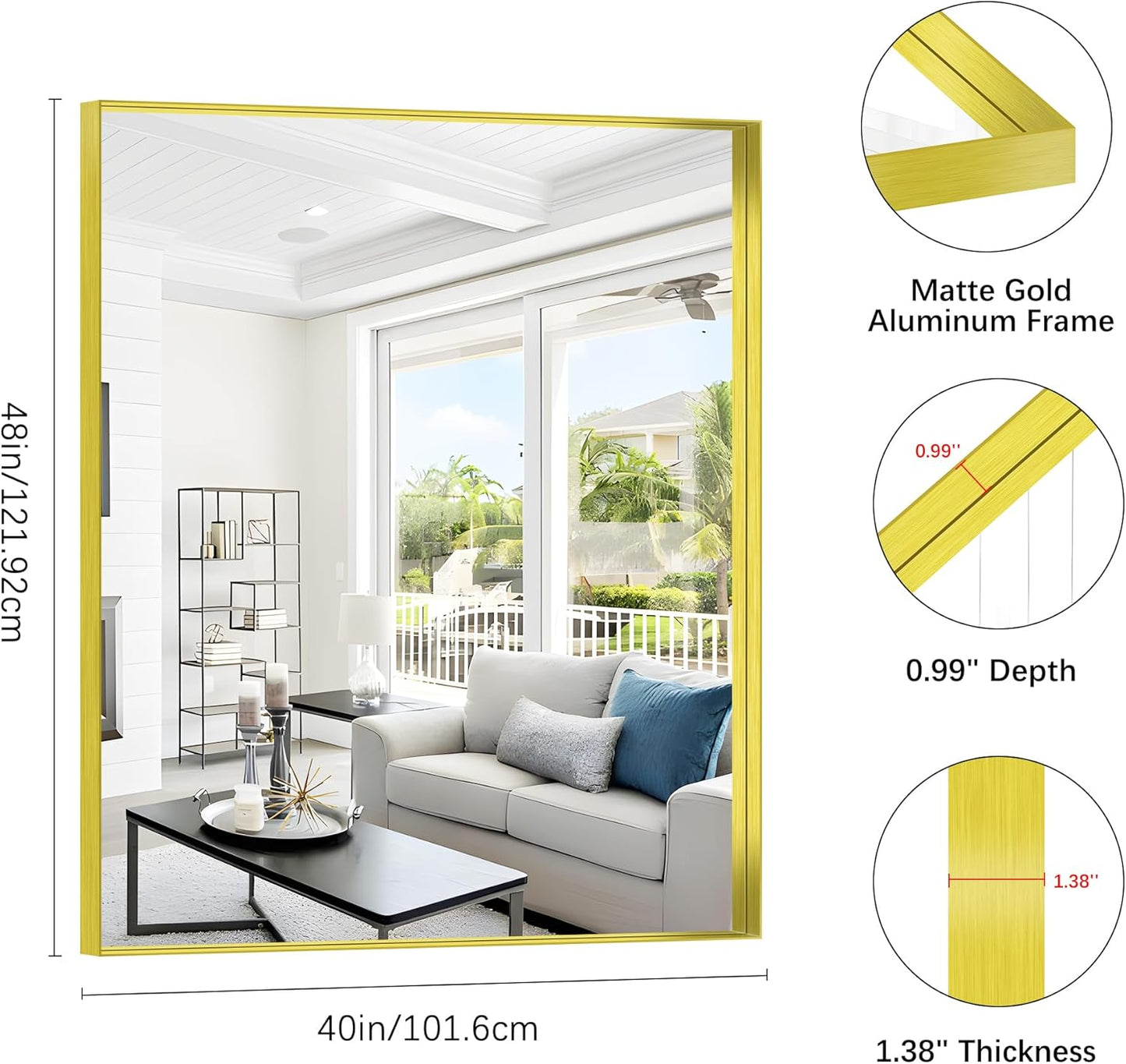 Gold Bathroom Mirror, 40x48 Inch Rectangular Framed Mirror, Large Wall Mounted Bathroom Vanity Mirror Over Sink for Bedroom,Restroom, Living Room, Hangs Vertically or Horizontally