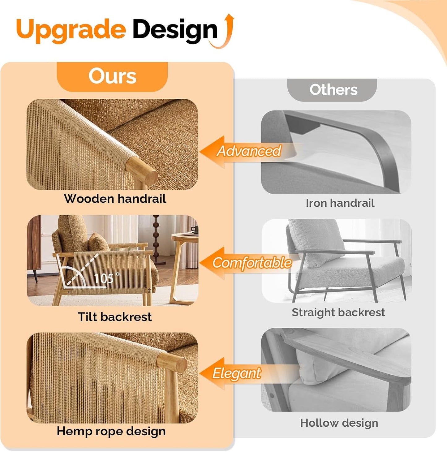 VINGLI Boho Braid Accent Armchair,Mid-Century Modern Chiar with Solid Wooden Armrest,Comfy Louge Cushion Chair with Waist Pillow for Bedroom,Living Room,Reading Room, Khaki