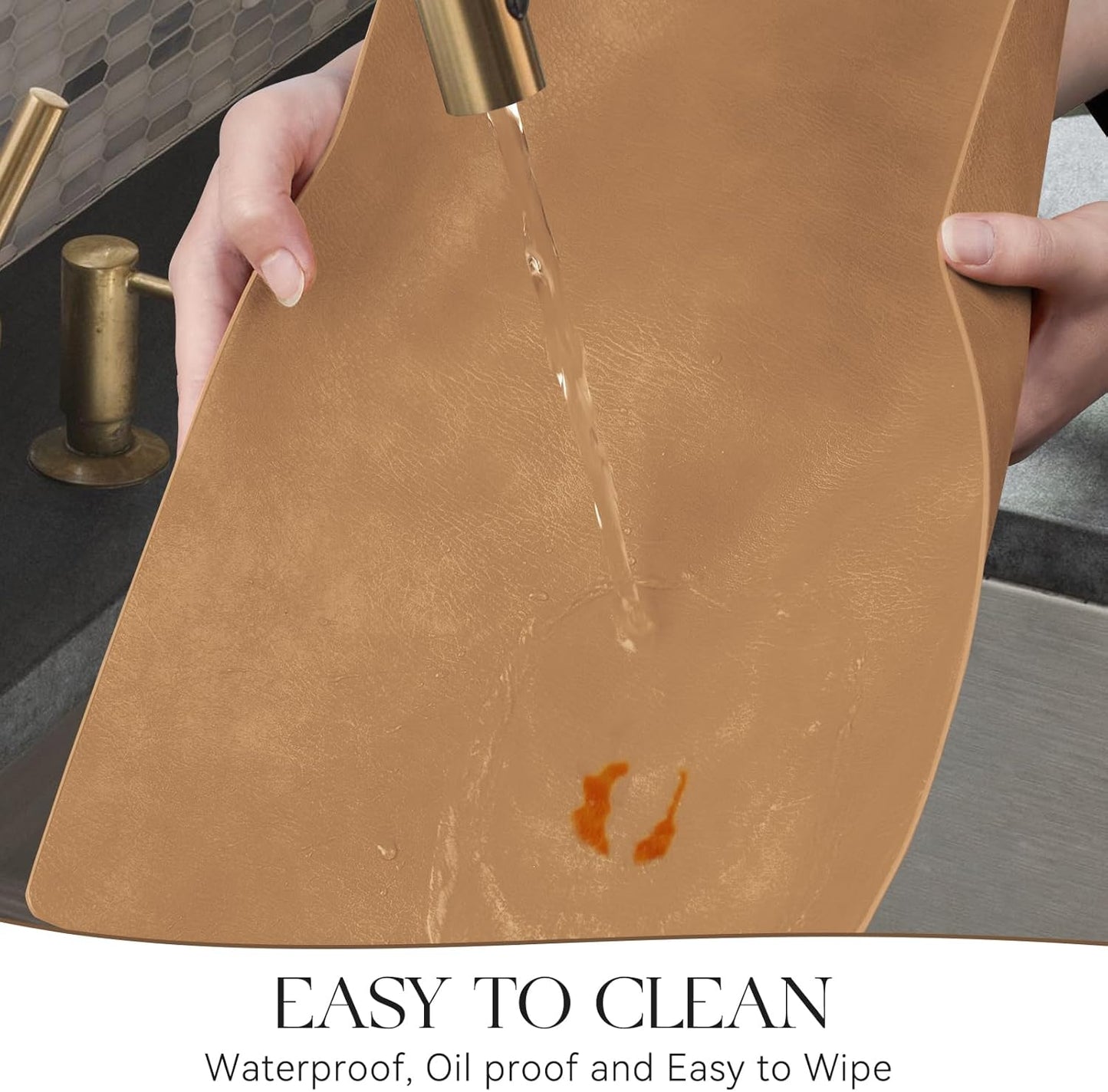 MOSAYT Vinyl Placemats Set of 6-12 X 17 Inch - Faux Leather 100% Waterproof Oil-Proof Wipeable PU Place Mats, Heat Resistant Reversible Table Mats for Kitchen, Dining, Outdoor (Camel)