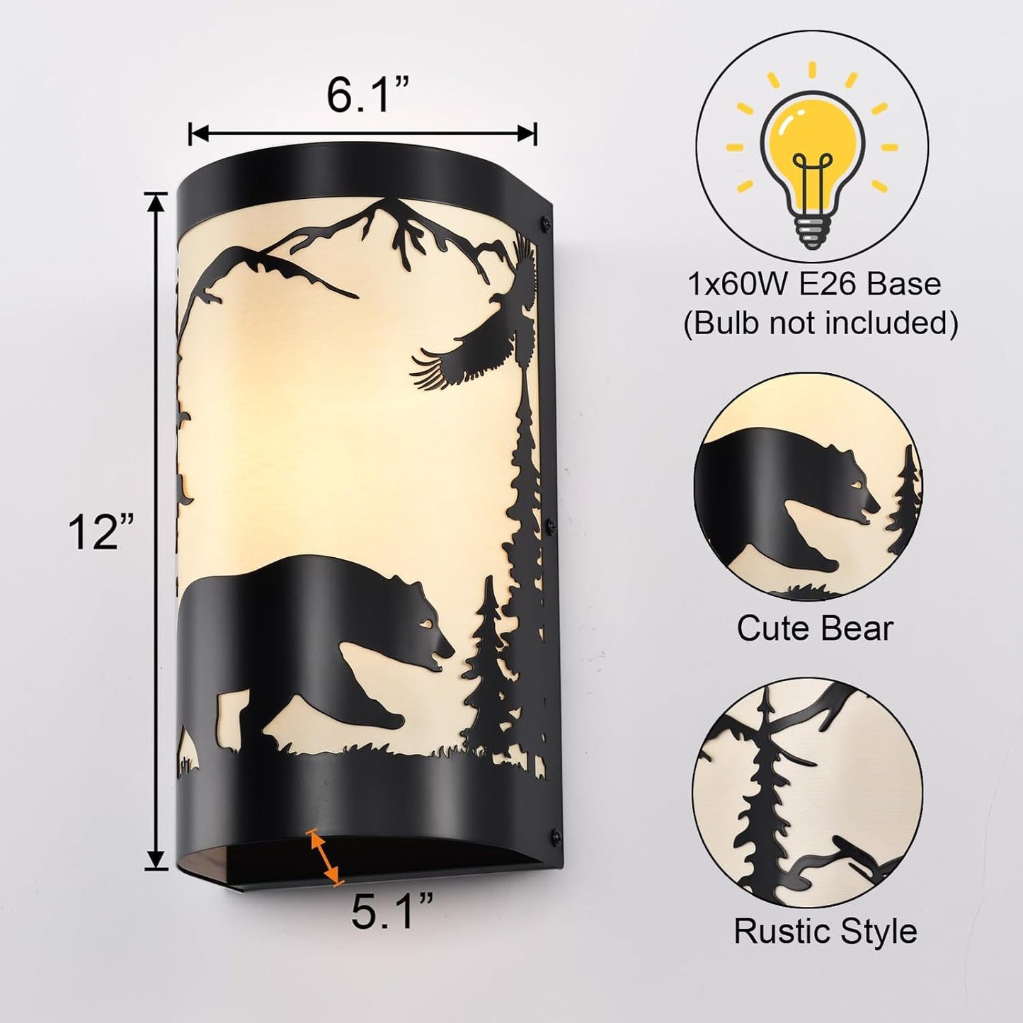 Wall Sconce Light,Bear Metal Cream Parchment Rustic Wall Sconces,Farmhouse E26 Base Black Matte Hallway Sconces Wall Lighting,Vintage Wall Mount Lamp,Wall Lights for Living Room,Bedroom,Porch