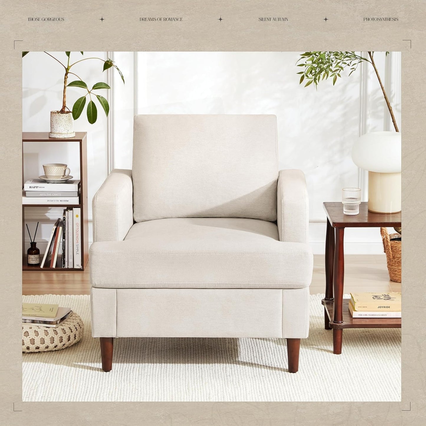 Mid-Century Accent Chair,Modern Linen Fabric Armchair for Living Room,Comfy Upholstered Reading Accent Chairs for Bedroom,Single Sofa Chair with Wood Legs (Beige, 2 Pack)