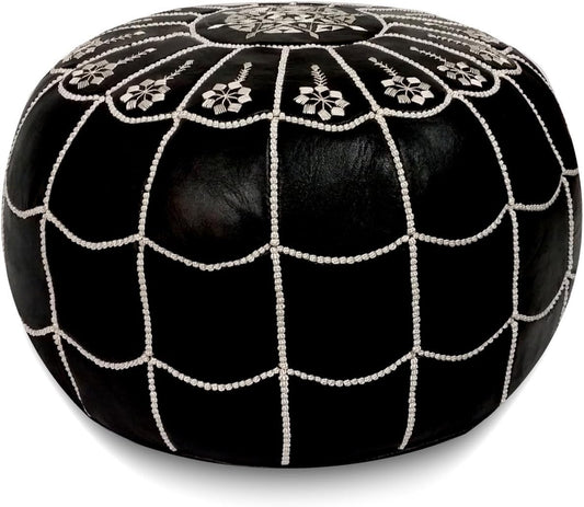 Stuffed Arch Design Moroccan Leather Pouf Ottoman, Handmade, Pre-Filled, 100% Genuine Leather, 14” Height x 22” Diameter – Boho Chic Footstool & Living Room Décor (Black)