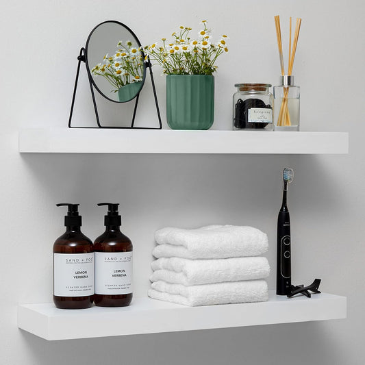 Homeforia White Floating Shelves 24 inch, High End Solid Real Wood 24inch Bathroom Floating Shelf for Wall Mounted, White Wooden 24in Floating Shelves, Heavy Duty Bracket, 24 X 6.5 X 1.75 in, Set of 3