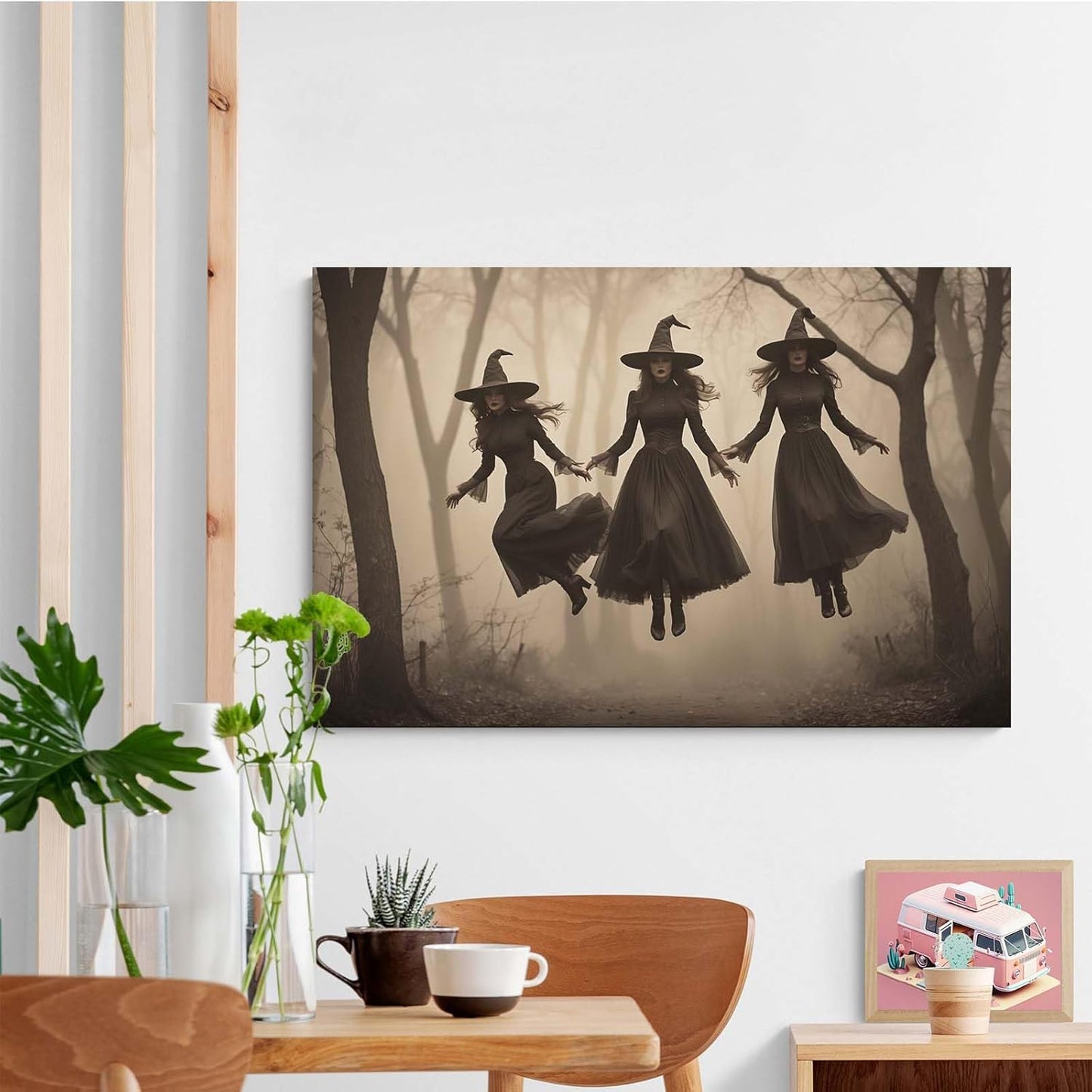 JFHCQJPK Three ghost witches flying in vintage forest gothic wall art witchcraft decoration holiday gift canvas wall art print8x12in Frameless