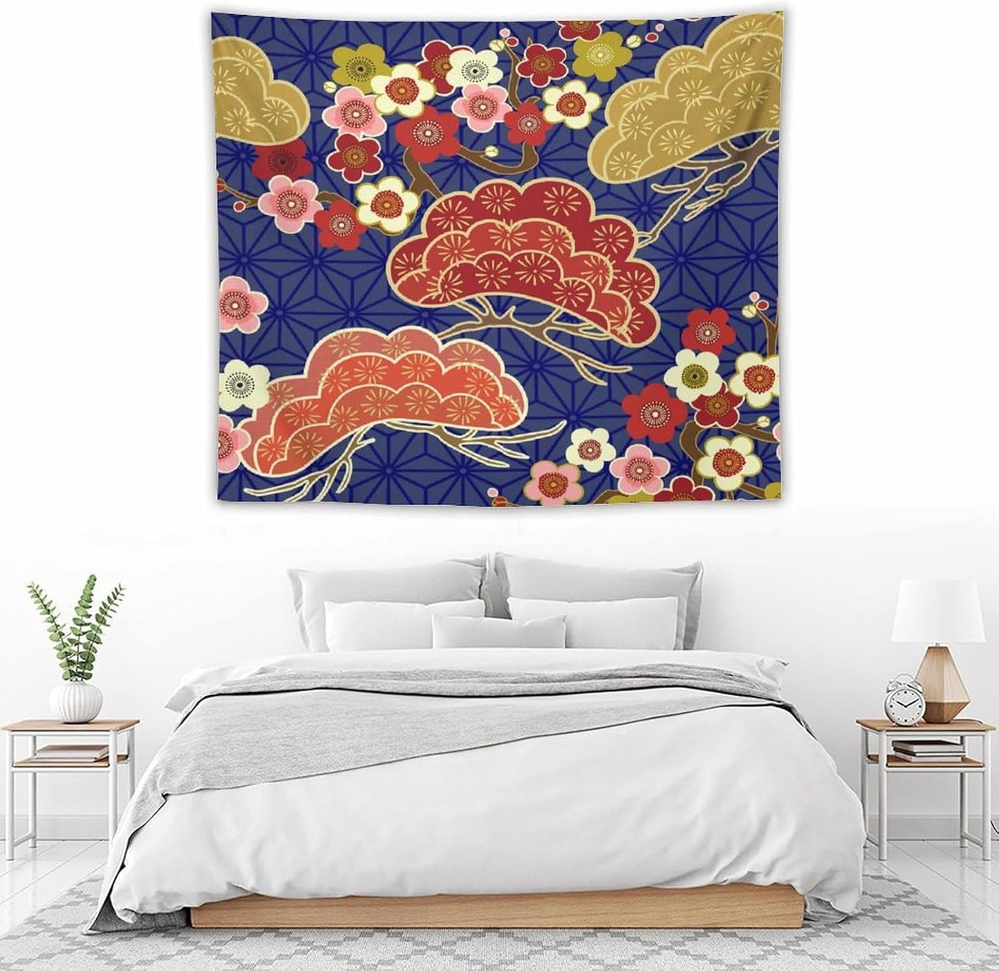 HZOHNAGO Japanese Tapestry Art Abstract Colorful Cherry Blossom Blue Background Pattern Printed Wall Tapestry Painting Wall Hanging for Bedroom Living Room Dorm 60" W x 50" H